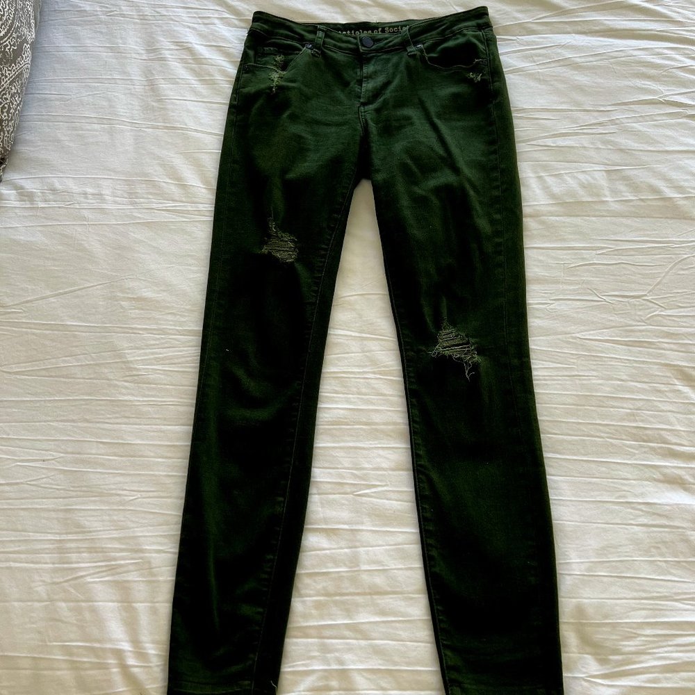Articles of Society Deep Olive Green Size 27 Distressed Sarah Jean with Raw Hem